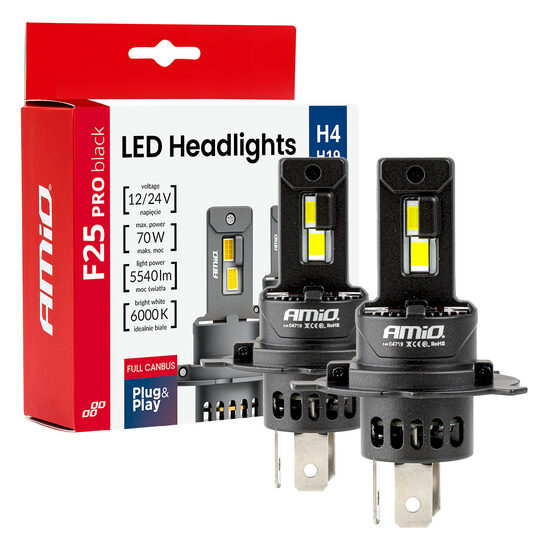 LED spuldžu komplekts H4 / H19 70W Headlights Series F25 PRO BLACK FULL CANBUS 12/24V